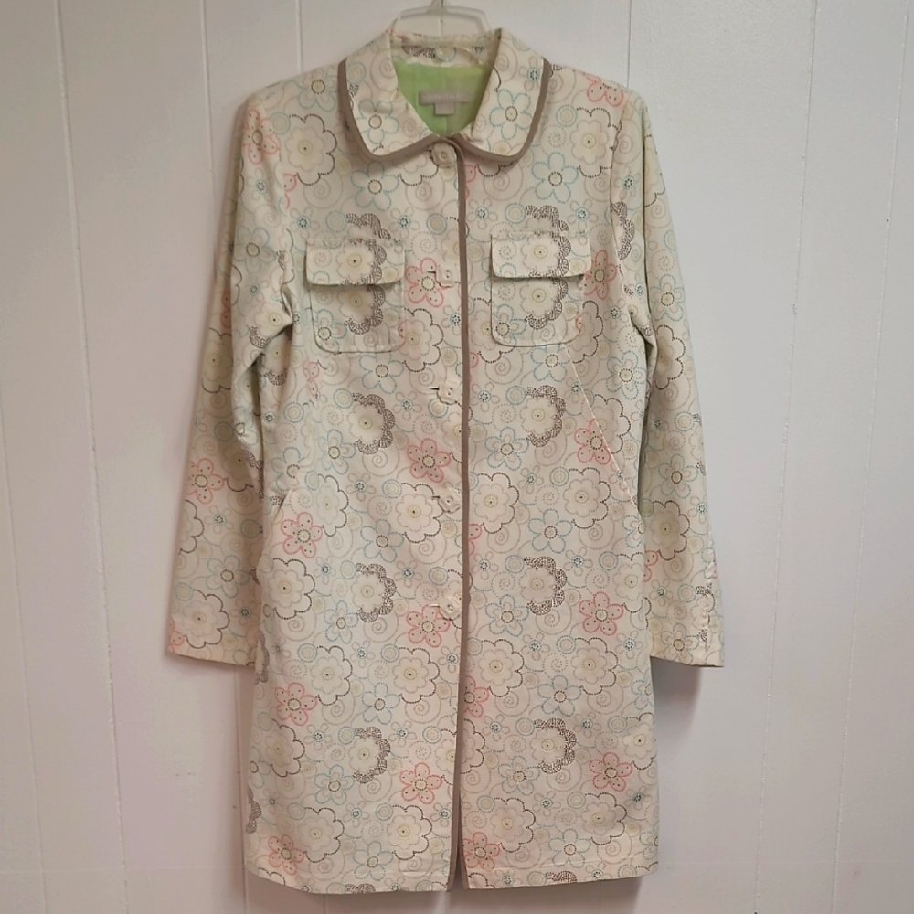 Flower Power Buttons Trench Coat Retro Look Meadow Green Liner Sz Medium